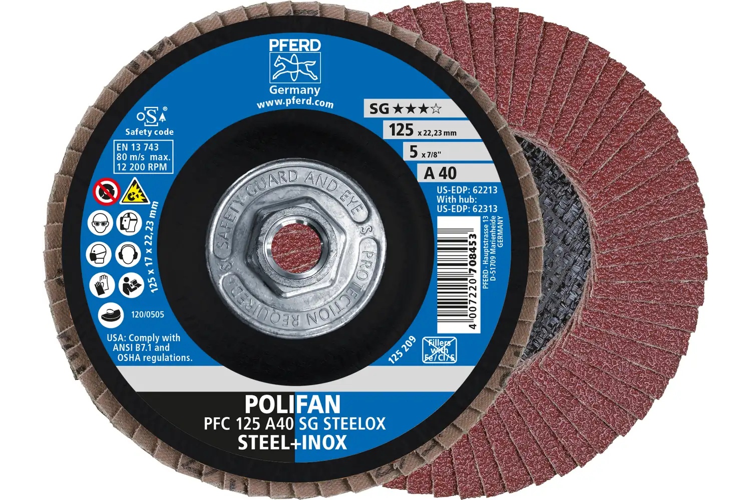 Picture of Pferd Flap Disc, 5" x 5/8-11, A SG Steelox, 40 Grit, T29, Conical, Aluminum oxide